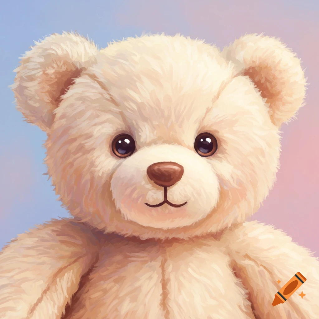A close-up of a fluffy white teddy bear with big brown eyes against a soft pink and blue background.
