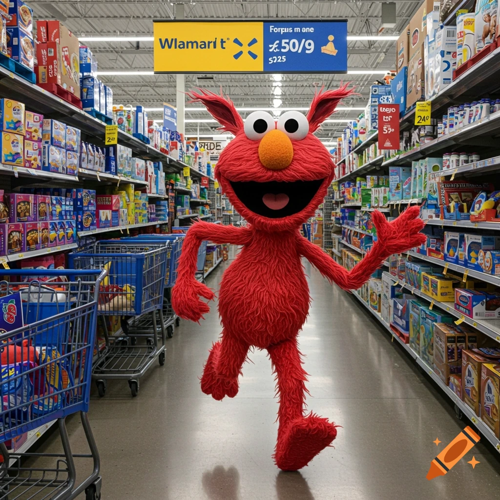 A furry red monster character similar to Elmo runs excitedly down a supermarket aisle.