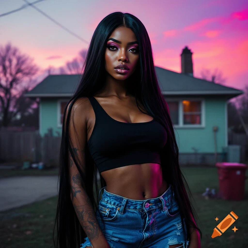 Woman with long black hair and bold makeup wearing a crop top and ripped jeans stands outside a house at sunset, surreal style.