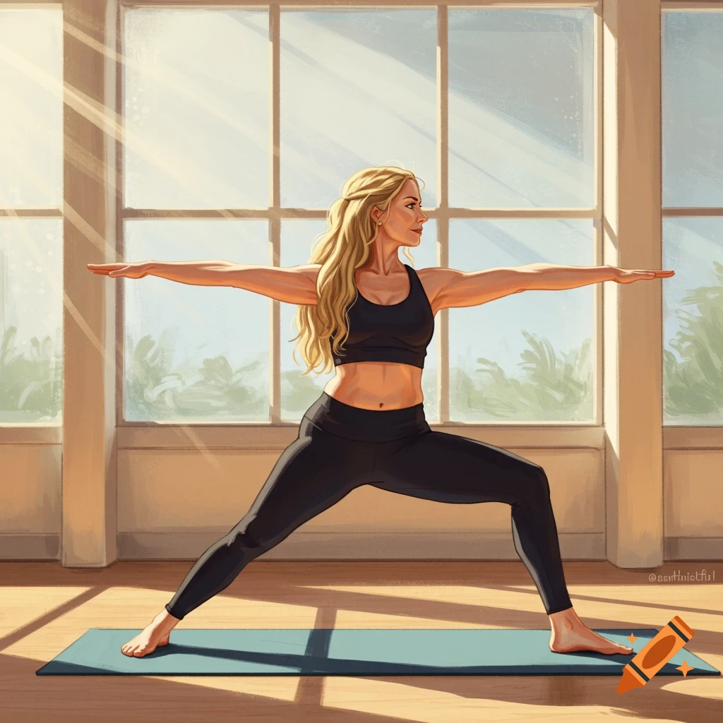 A woman doing yoga in Warrior II pose in a sunny room