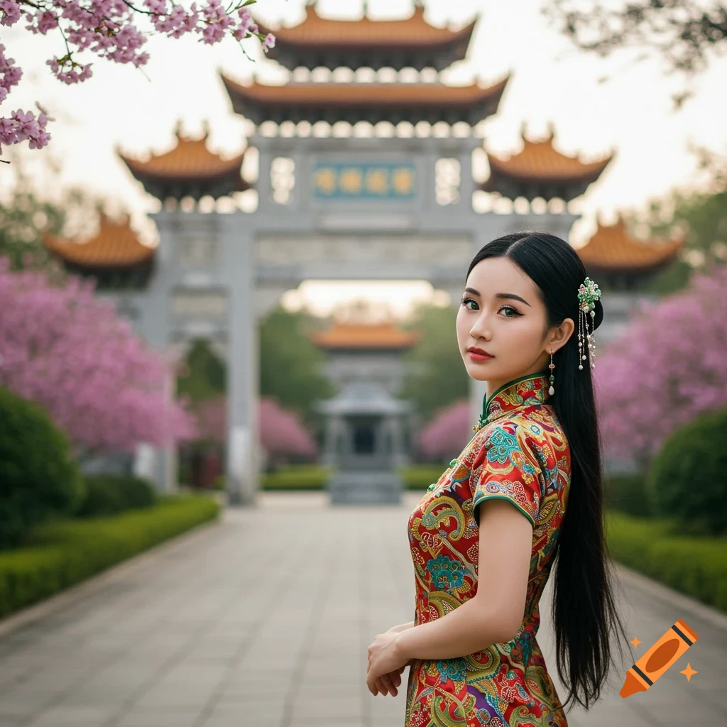 A woman in a colorful patterned traditional Chinese dress stands in front of a large temple archway with pink cherry blossom trees.