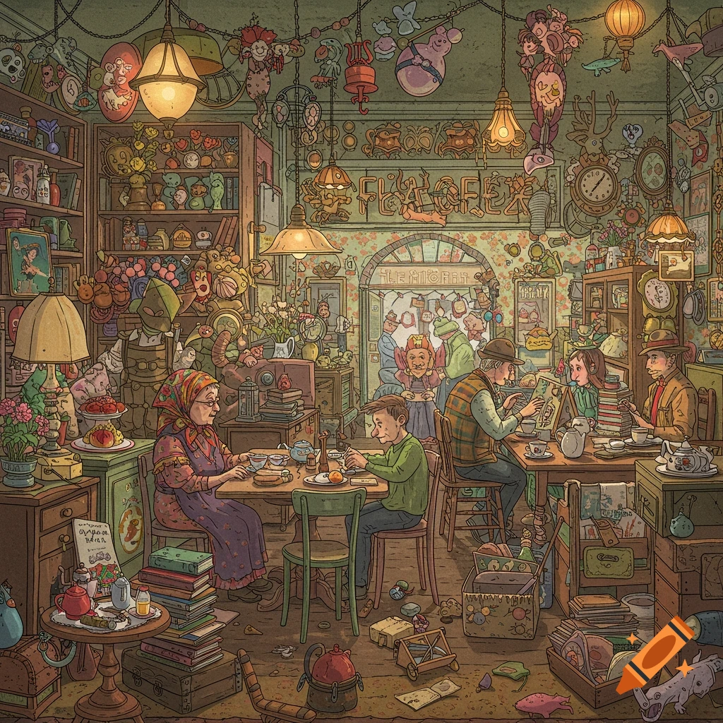 A detailed image of a cluttered room filled with objects, people, and furniture, resembling a flea market cafe.