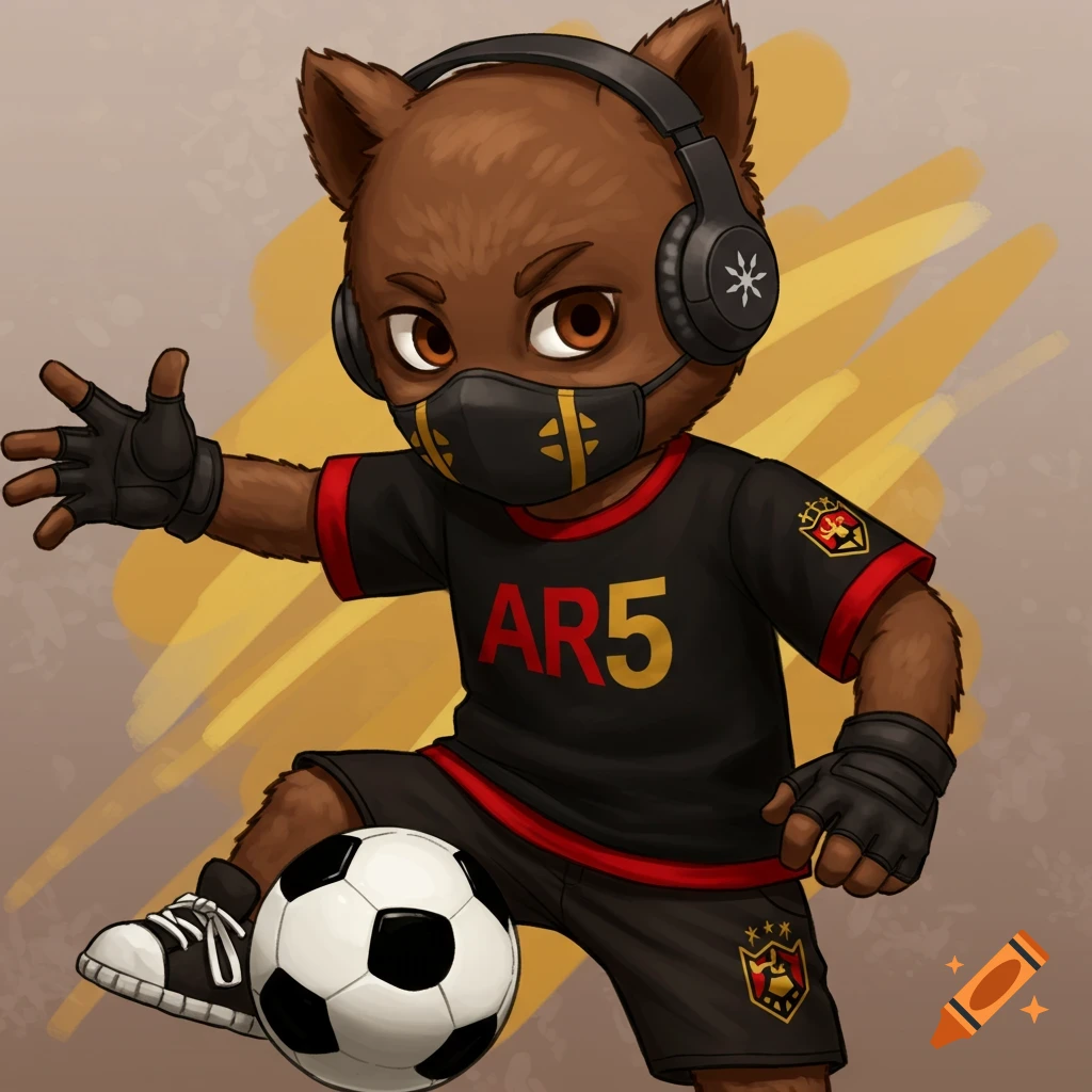 Anime cartoon character playing soccer, wearing headphones, mask, and black shirt with AR5.