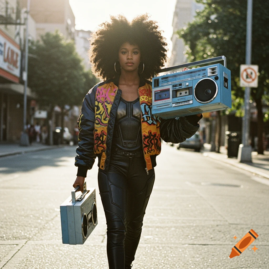 Photorealistic portrait of a young Black woman with an afro in 80s street style, carrying two boomboxes.