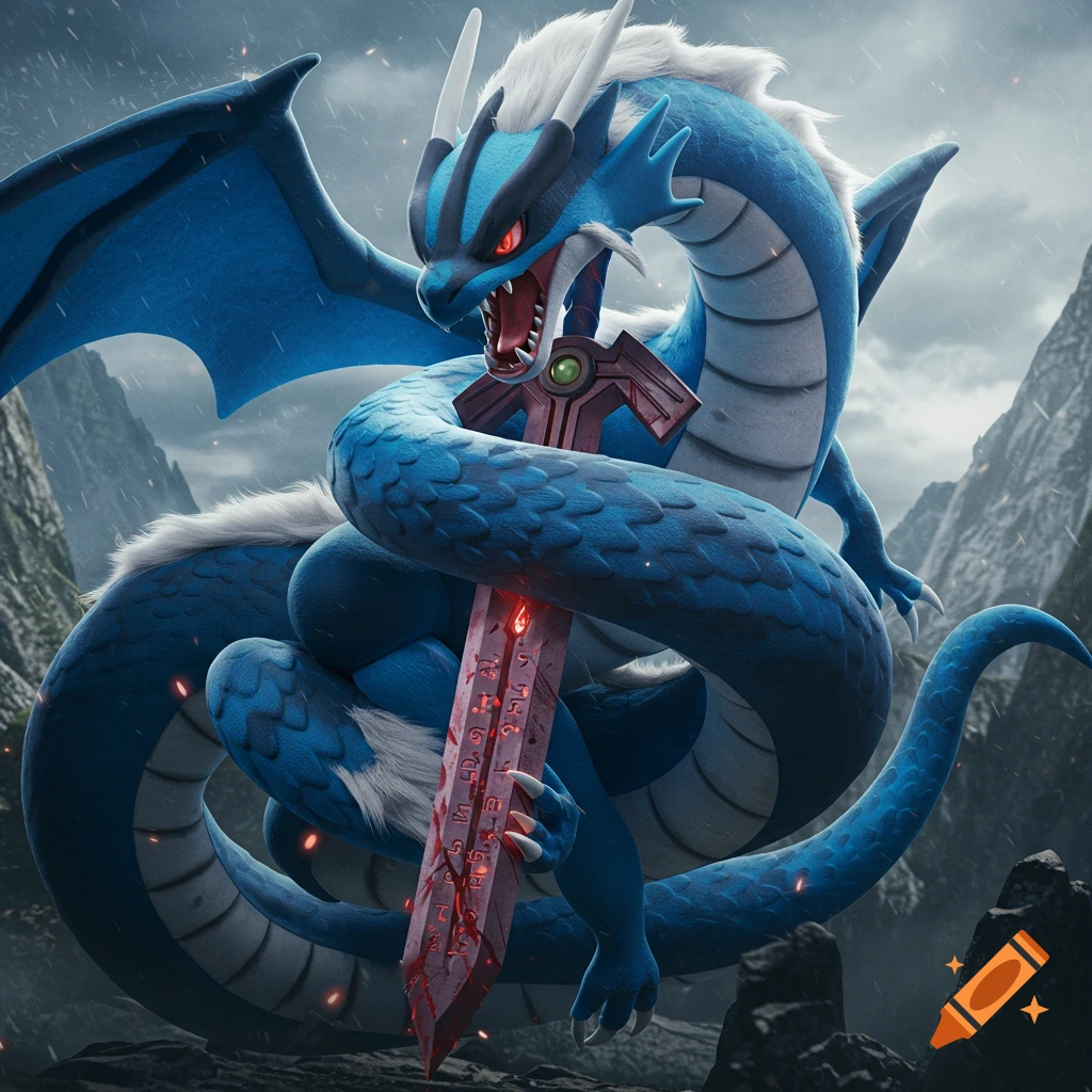 Angry blue dragon wrapped around a large red sword in rocky mountains.