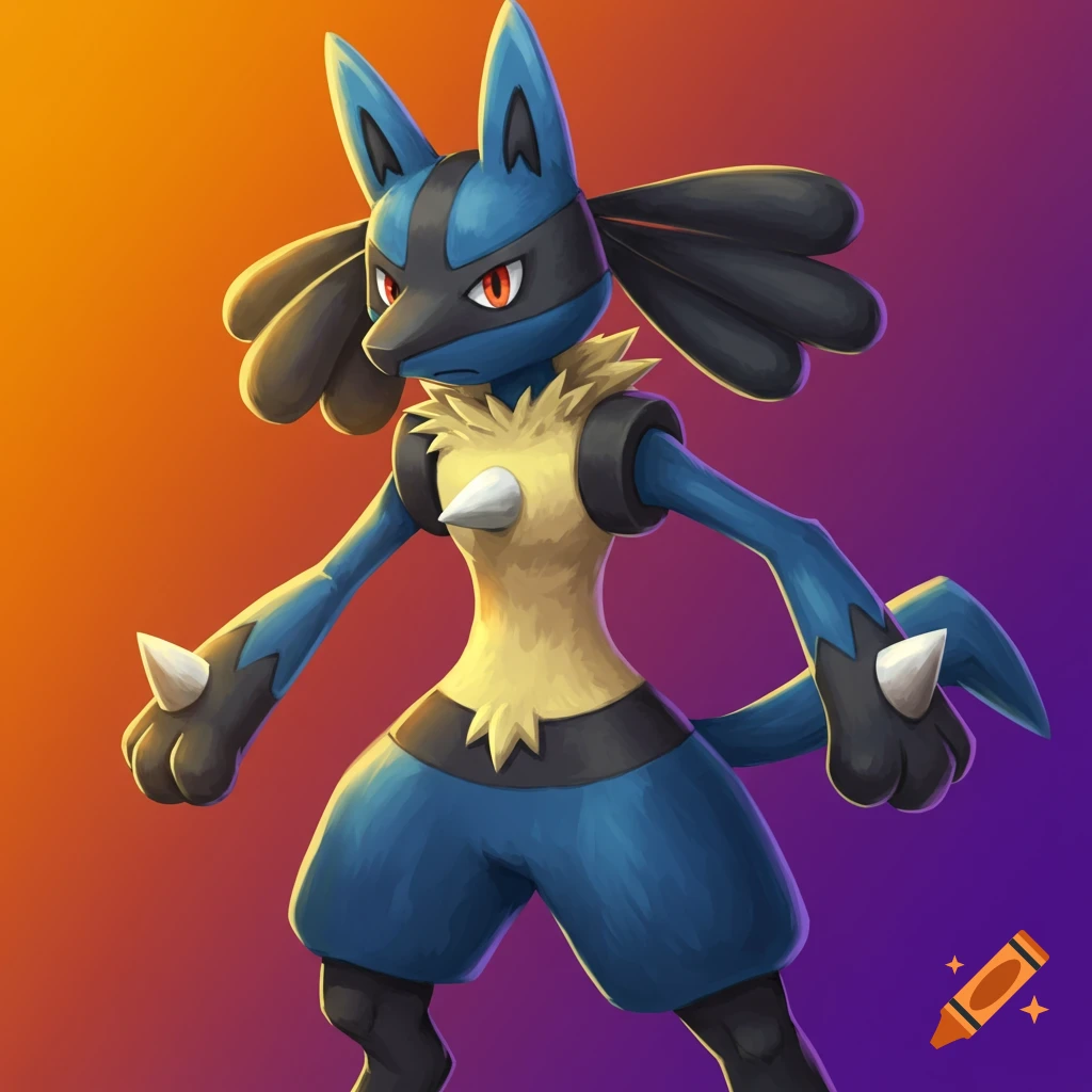 Lucario stands with spikes on its chest and paws, against an orange and purple background.