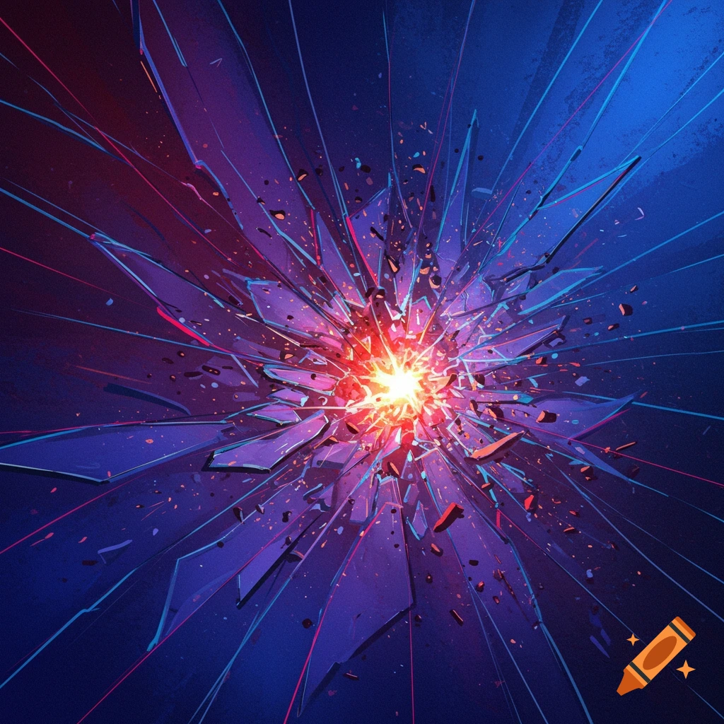 Glass shattering outwards from a bright light source.