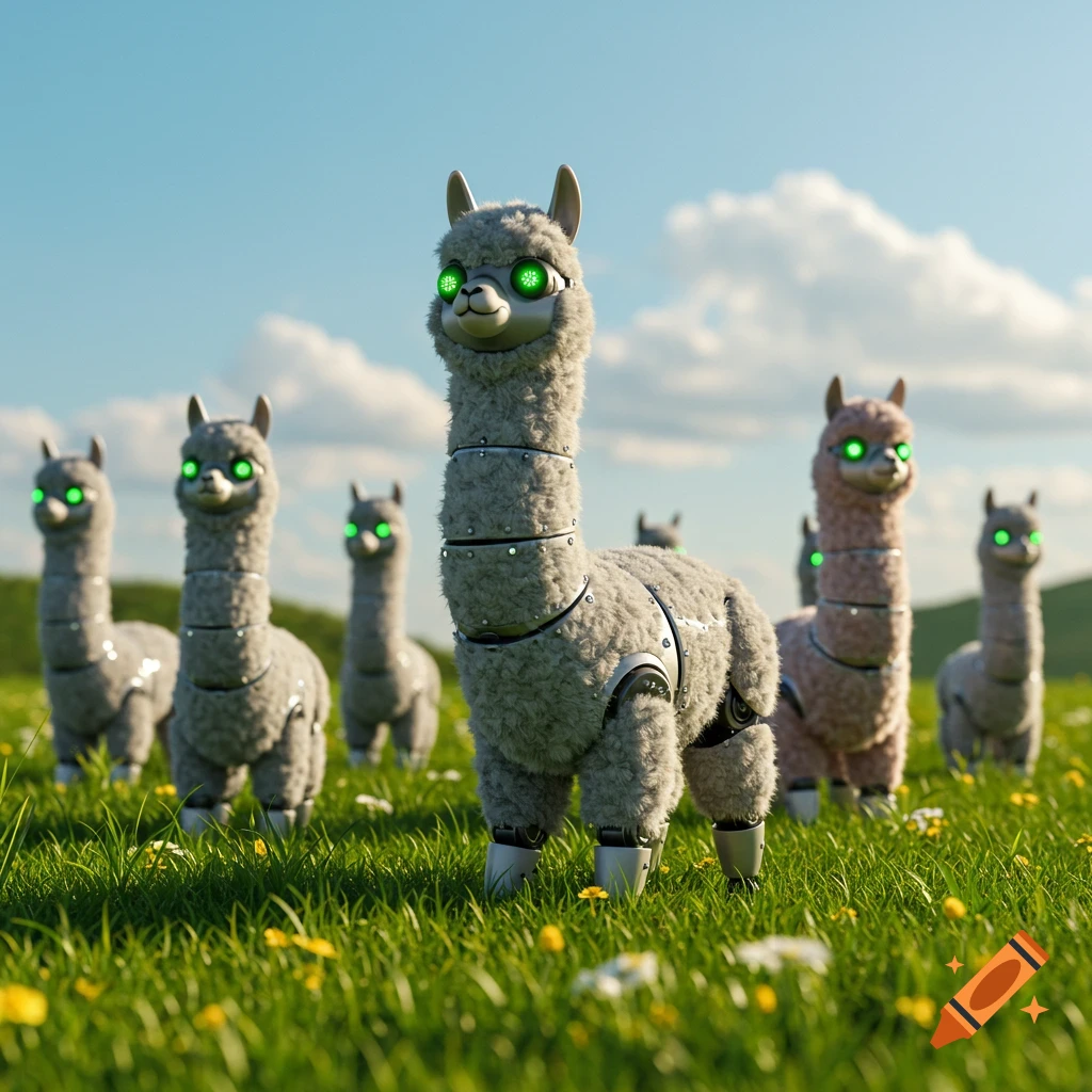 A heard of robot alpacas with glowing green eyes stand in a sunny field.