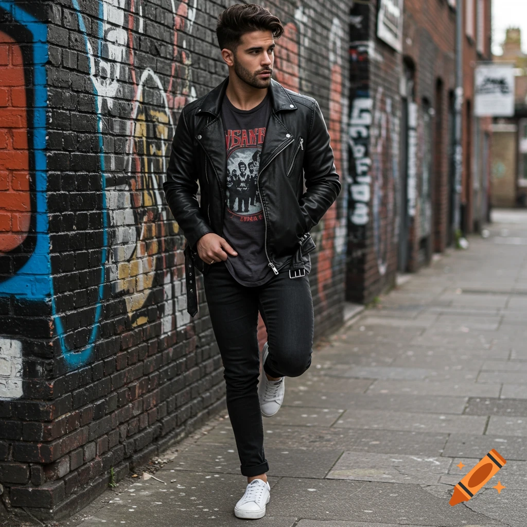 A man in a leather jacket and jeans stands by a graffiti-covered brick wall.