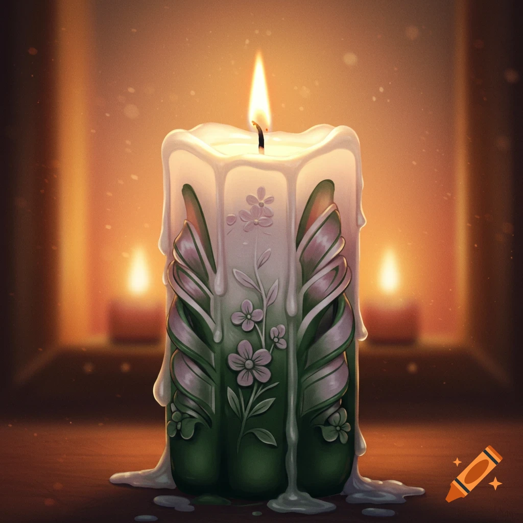 A white and green carved candle burns in a dark room.