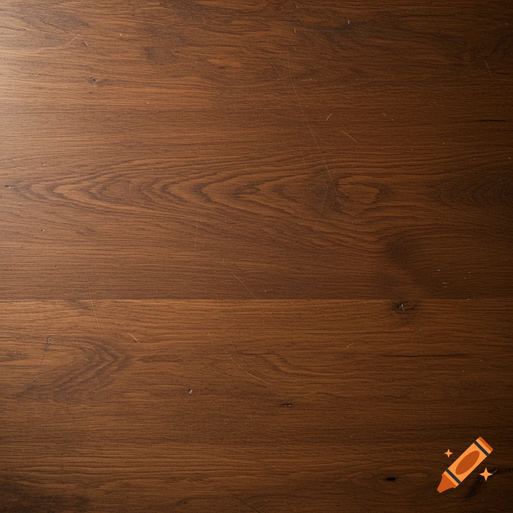 Top down view of a brown wooden surface with grain and scratches.