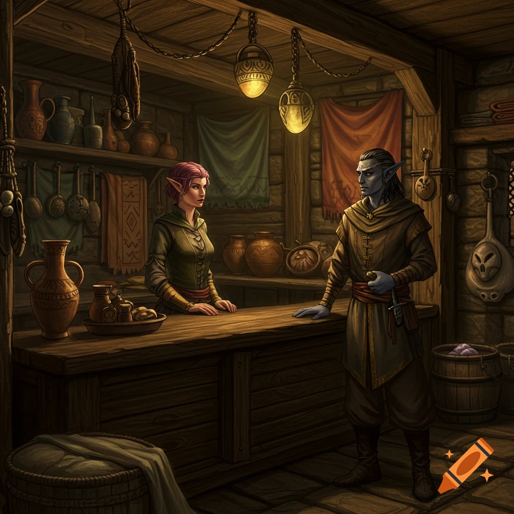An elven woman and dark elf man trade in a dimly lit fantasy shop with pottery and goods.
