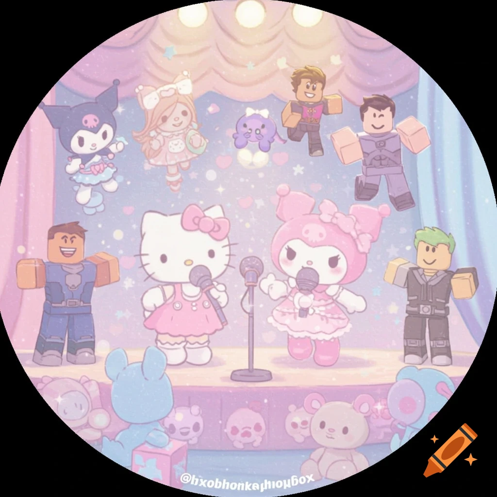 Sanrio characters Hello Kitty, My Melody, Kuromi and Roblox avatars perform on a pastel stage.
