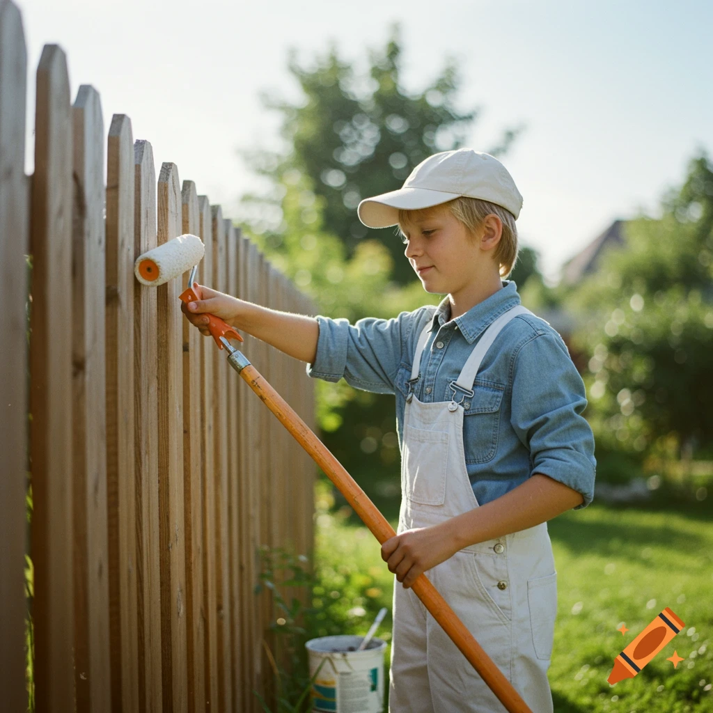 A boy in overalls and cap painting a wooden fence with a roller outdoors.