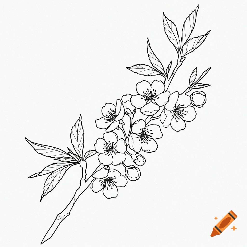 Black and white line drawing of a cherry blossom branch