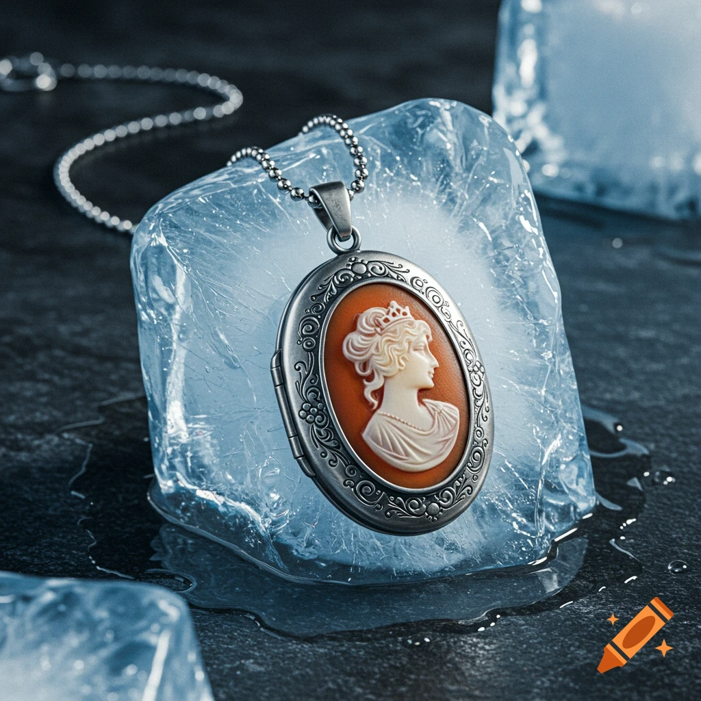 Vintage cameo locket necklace on a melting ice block.