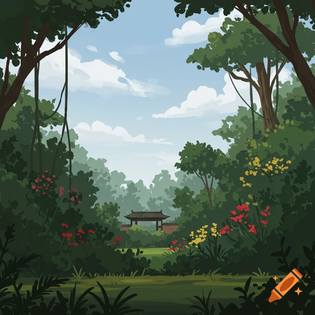An illustration of a lush forest with flowering bushes surrounding a traditional building visible in the background.