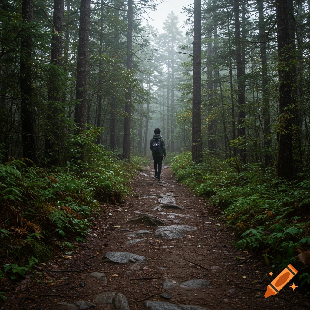 A person hikes on a rocky dirt path through a misty forest.