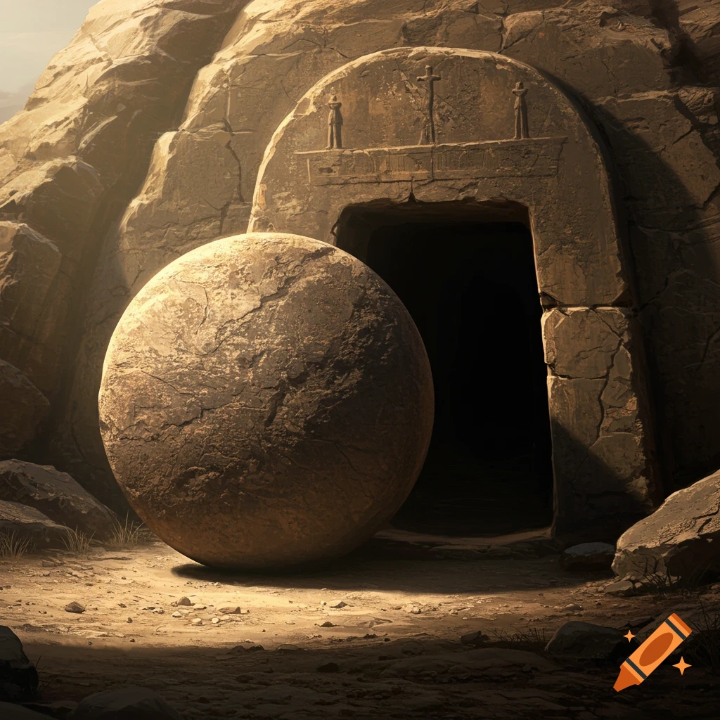 A large stone has been rolled away from the dark entrance of a rock-cut tomb.