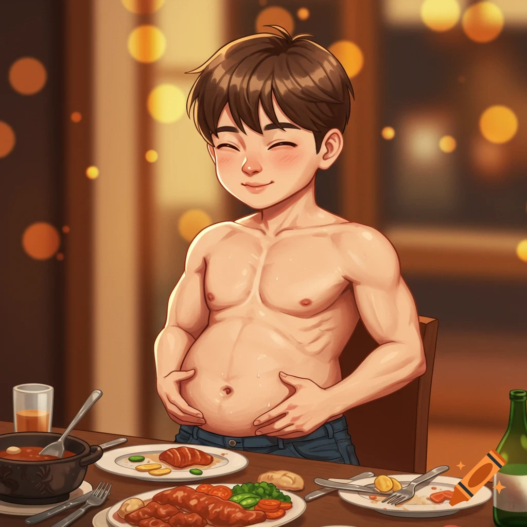 Anime style illustration of a young man rubbing his full belly after a big meal.
