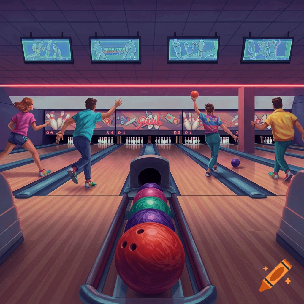 People bowling in a retro-style bowling alley