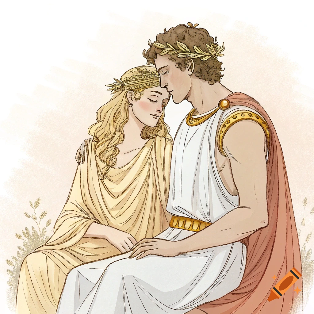 Illustration of a couple in ancient Greek robes embracing, wearing laurel wreaths.
