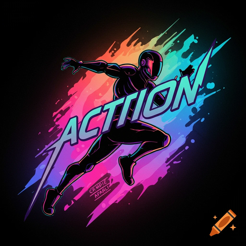 Stylized graphic design of a running figure in a dark suit with 'ACTION' text in neon colors.