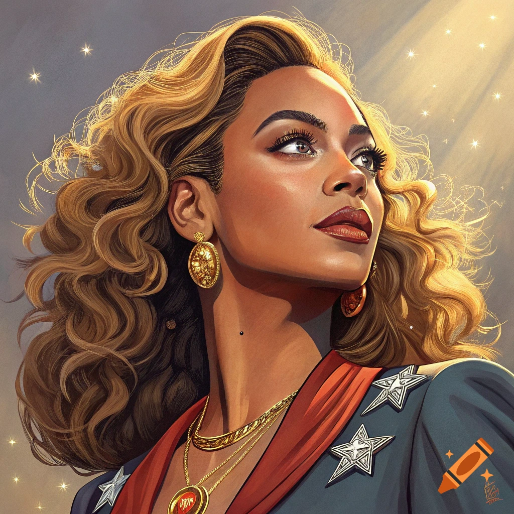 Illustrative portrait of a person resembling Beyonce in formal attire with gold jewelry, looking upwards.