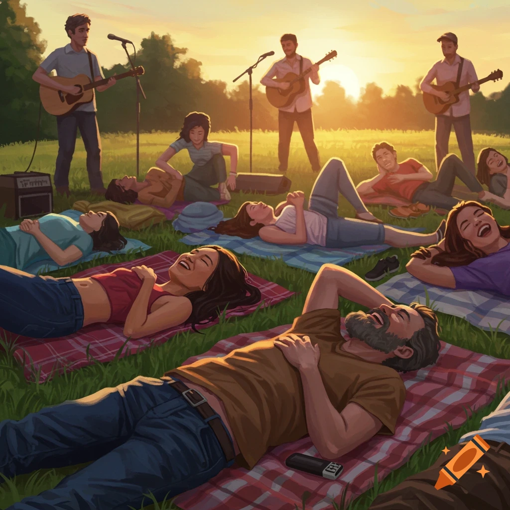 People lying on blankets listening to an outdoor concert at sunset.