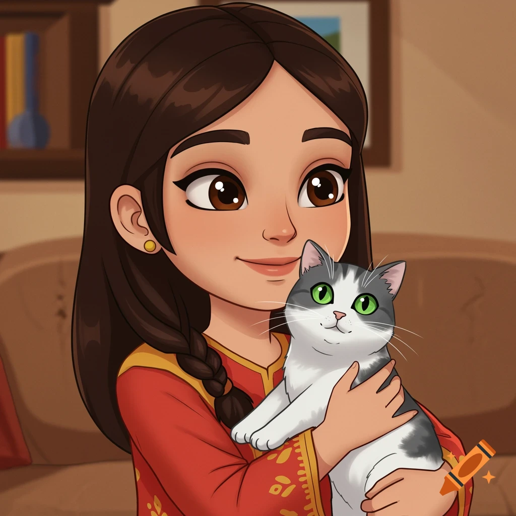 Cartoon illustration of a young girl holding a cat in a living room.