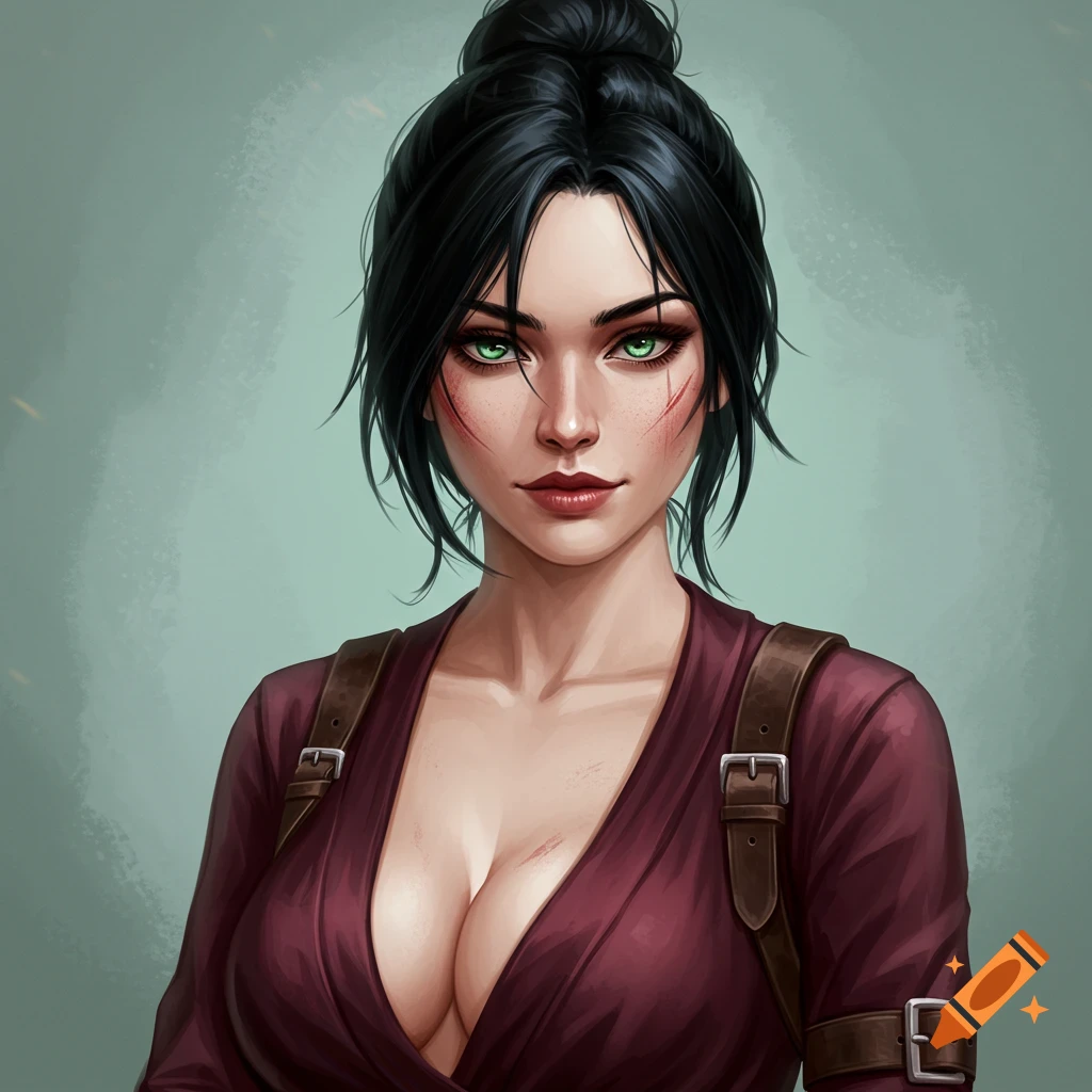 A woman with black hair, green eyes, and scars, wearing a burgundy dress and leather straps.