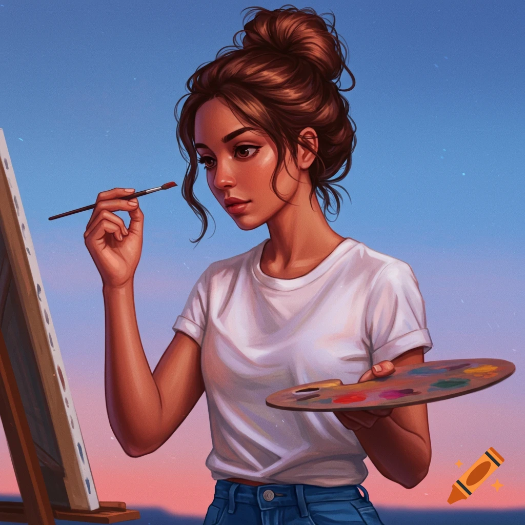 A woman is painting on an easel with a brush and pallet against a sunset sky.