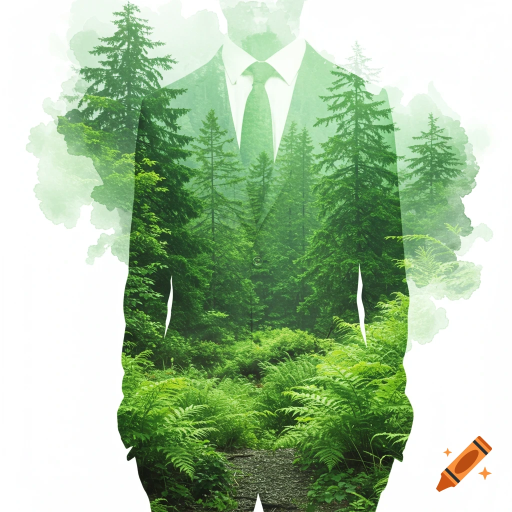 Silhouette of a man in a suit revealing a green forest path inside, with watercolor edges.