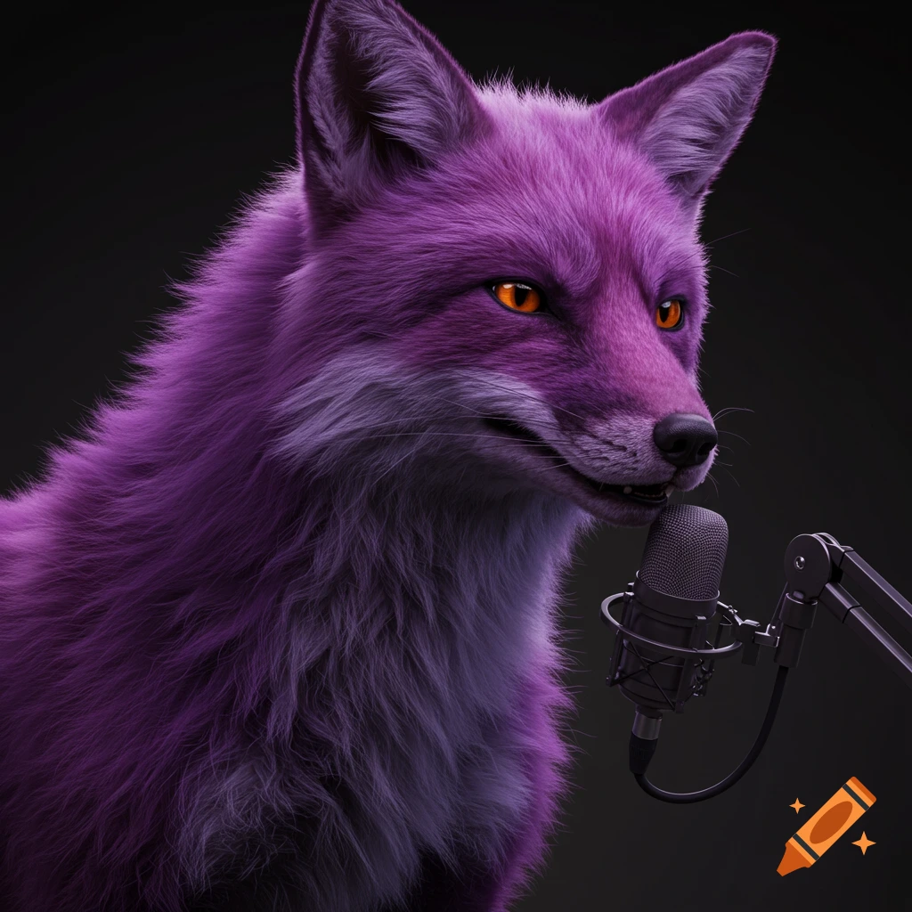A purple fox with orange eyes sits next to a microphone.