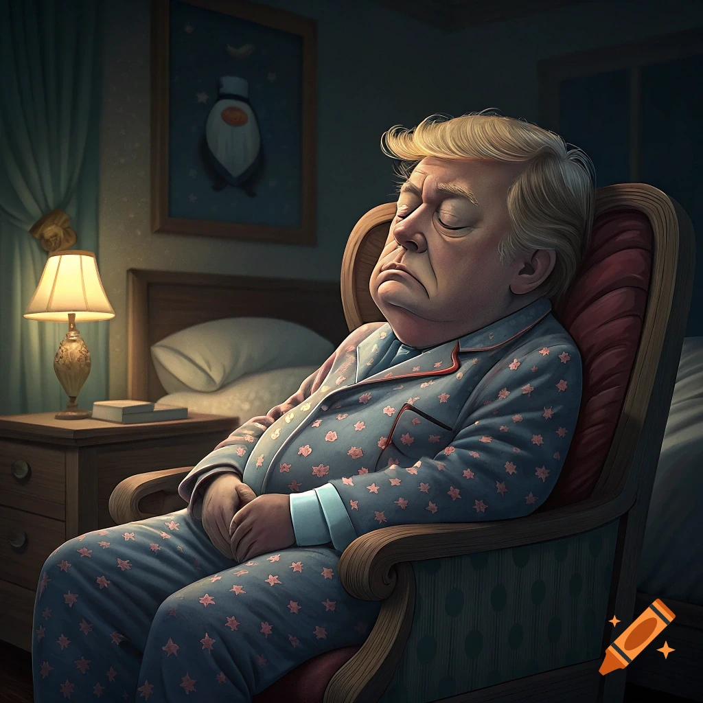 Caricatured man resembling Donald Trump sleeps in chair in bedroom, wearing star-patterned pajamas.