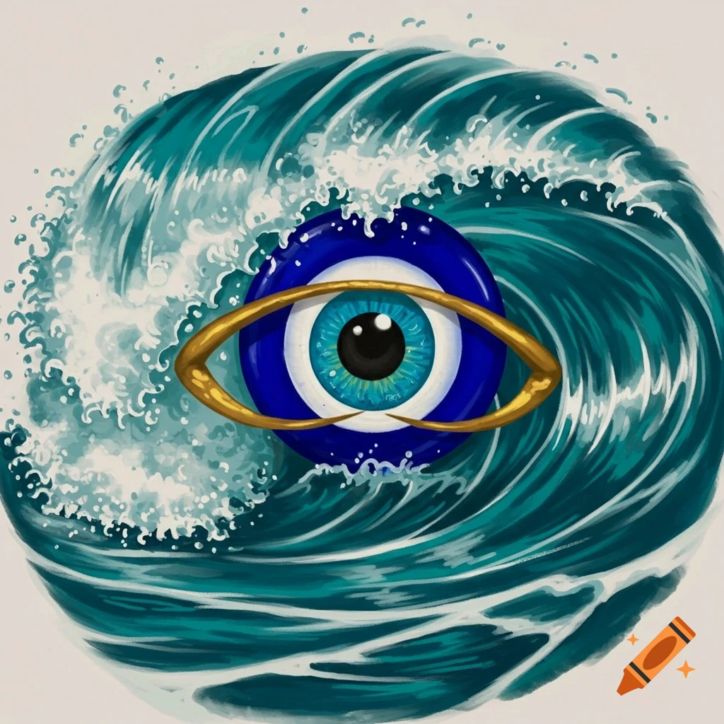 A large evil eye symbol centered in a crashing ocean wave.