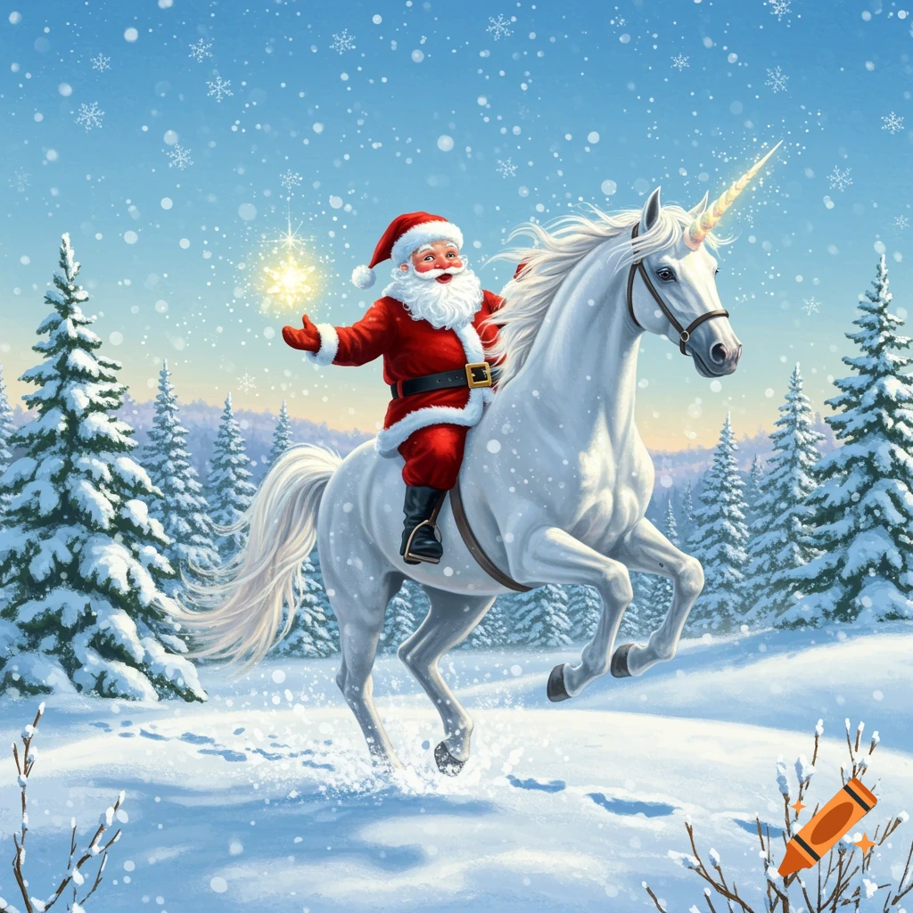 Santa Claus rides a white unicorn through a snowy forest.
