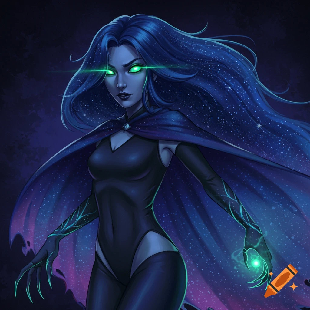 A fantasy woman with star-filled hair, glowing green eyes, wearing a black bodysuit and starry cape, holding a green orb.