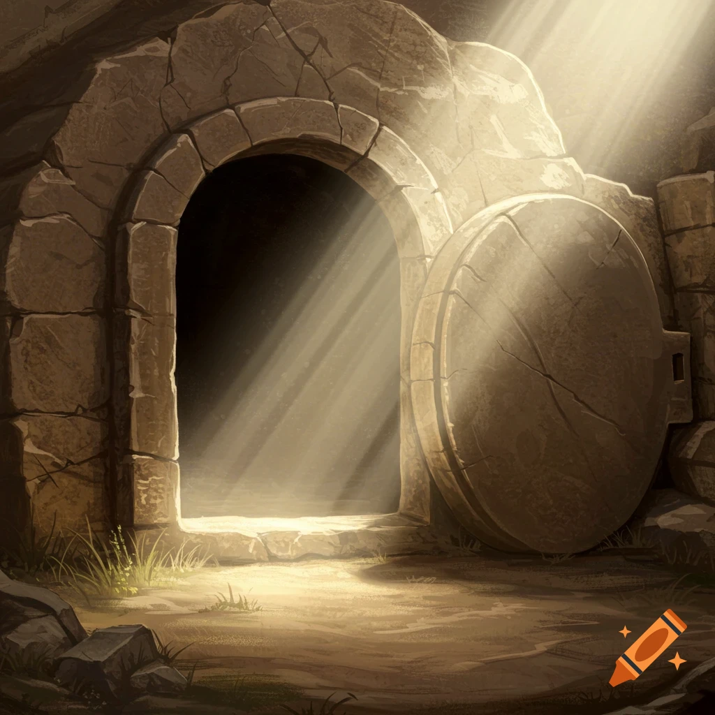 An empty stone tomb with the stone rolled away, sunbeams shining inside.