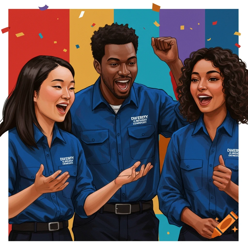 Three diverse people in blue shirts celebrating with confetti