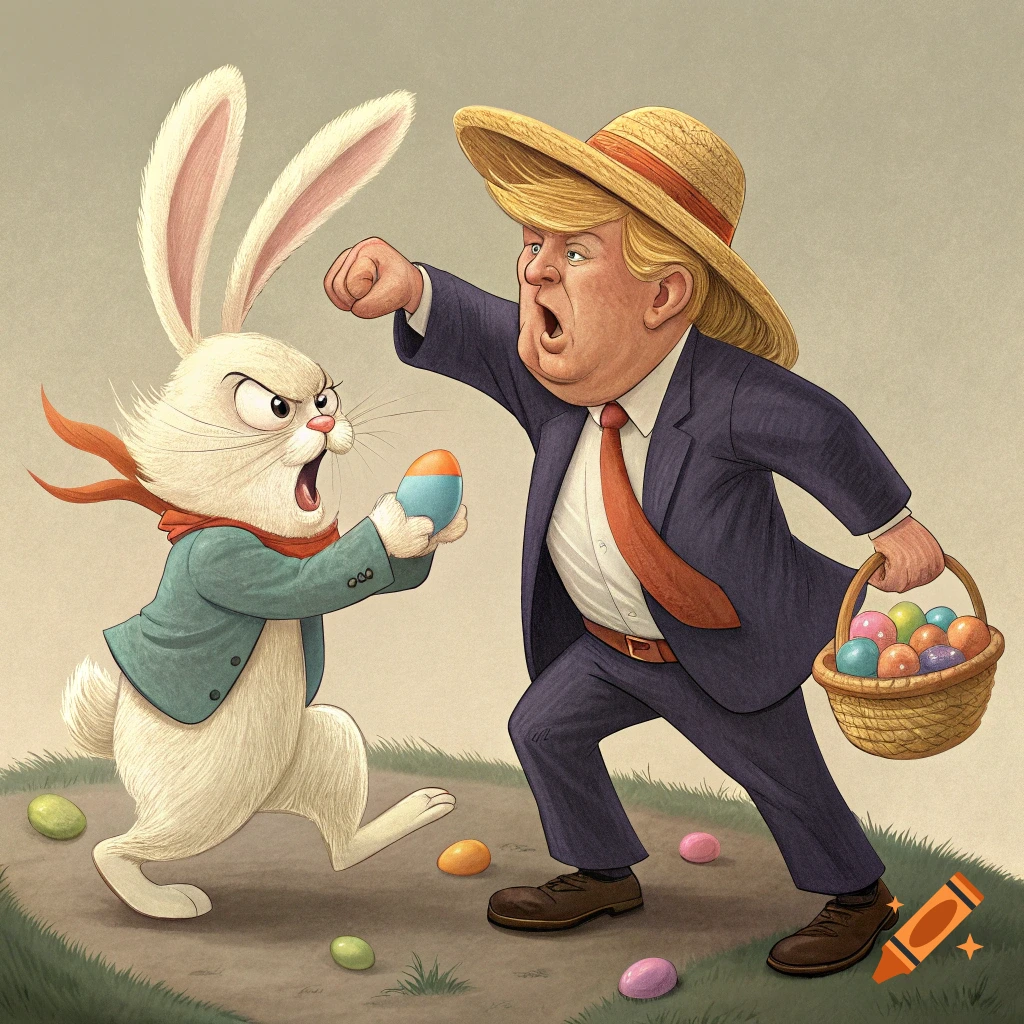 Cartoon of an angry Easter bunny holding an egg towards a caricatured person resembling Trump who holds a basket of eggs.