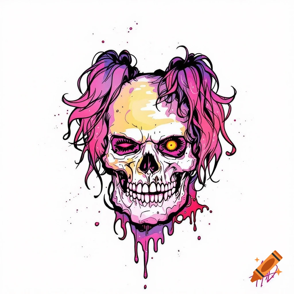 Stylized illustration of a skull with pink and purple hair, one yellow eye, and dripping liquid, in a tattoo design style