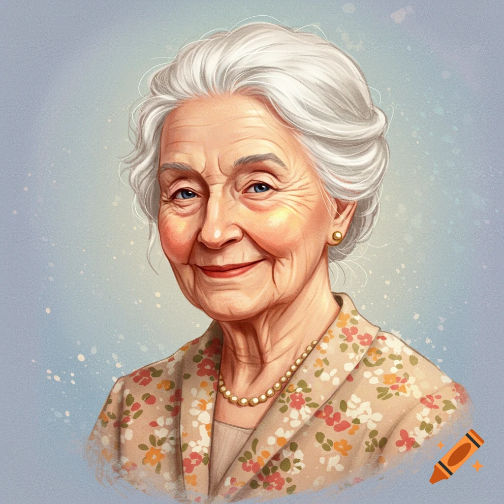 Portrait of a smiling elderly woman with white hair wearing a floral top and pearl necklace.