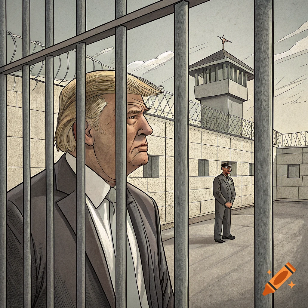 Drawing of Donald Trump behind prison bars
