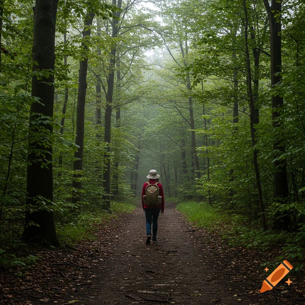 A person walks on a forest path in the fog.