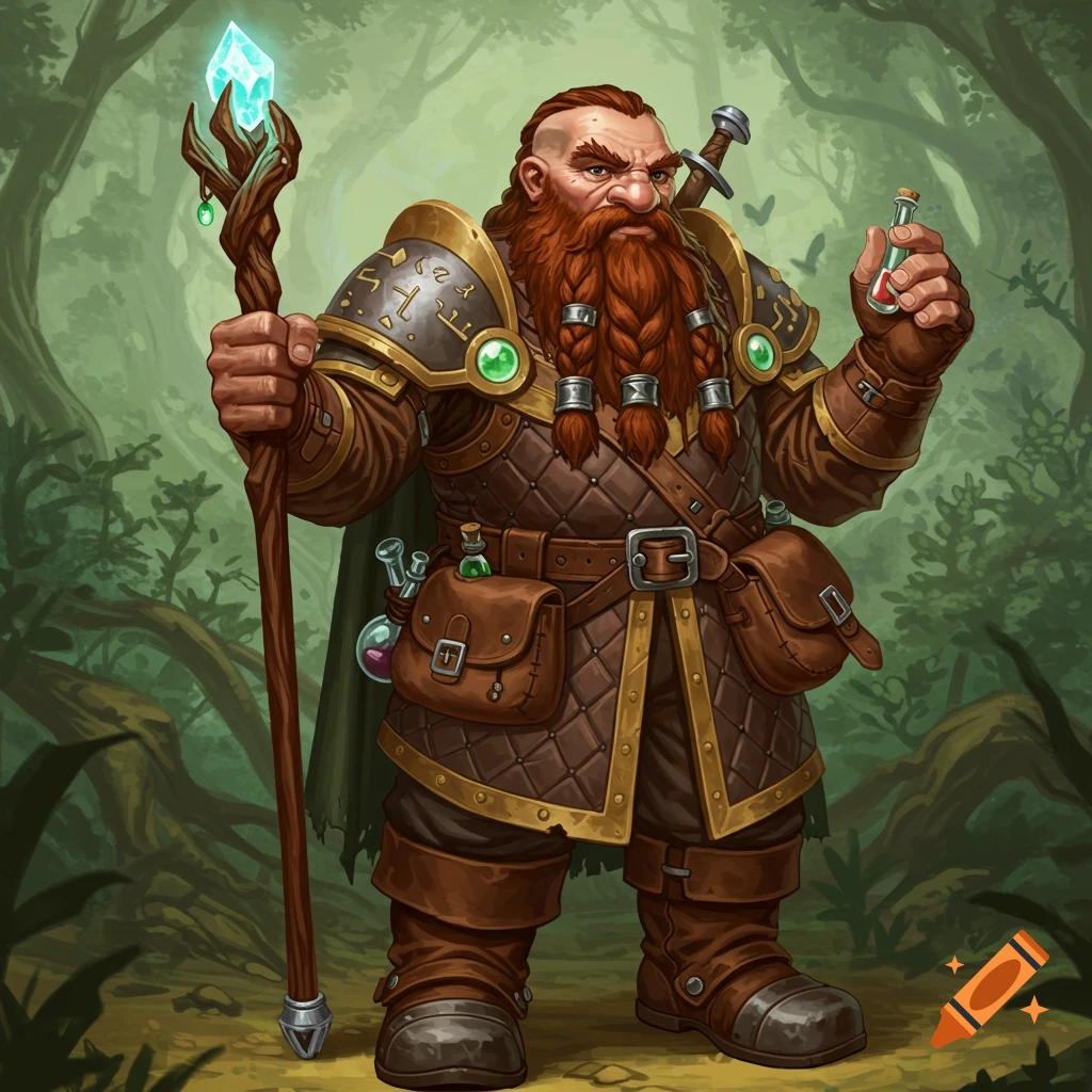 A dwarf adventurer alchemist holding a staff and a potion in a forest.