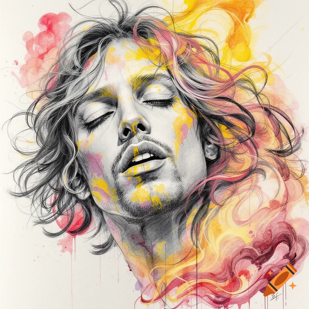 Sketch and watercolor portrait of person with eyes closed, surrounded by colorful paint.