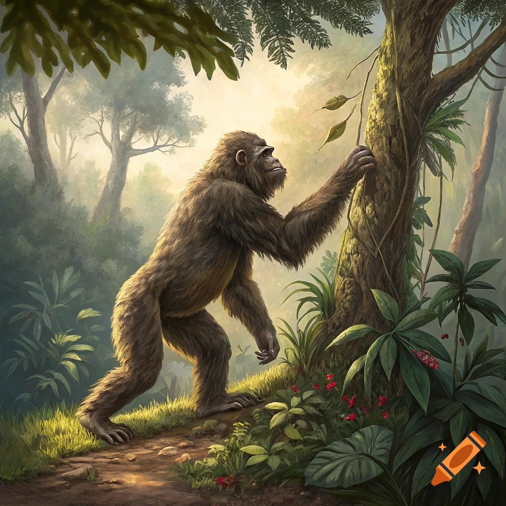 Large ape-like creature standing in a jungle, reaching for a vine on a tree.