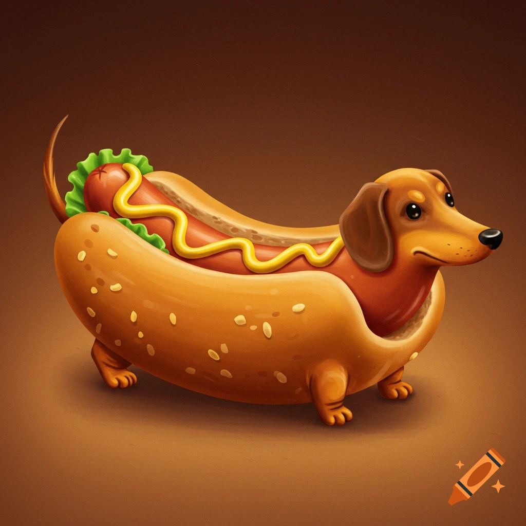 A cartoon dachshund inside a hot dog bun with mustard and lettuce.