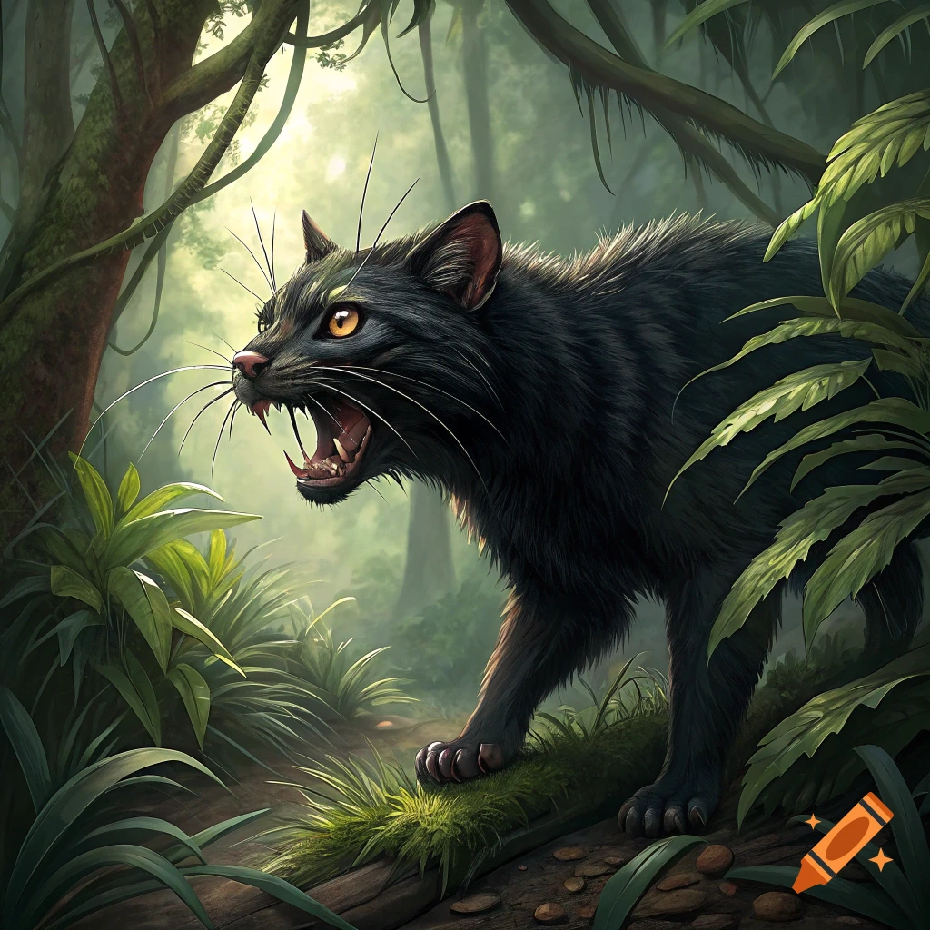 A black cat-like creature snarls in a jungle.